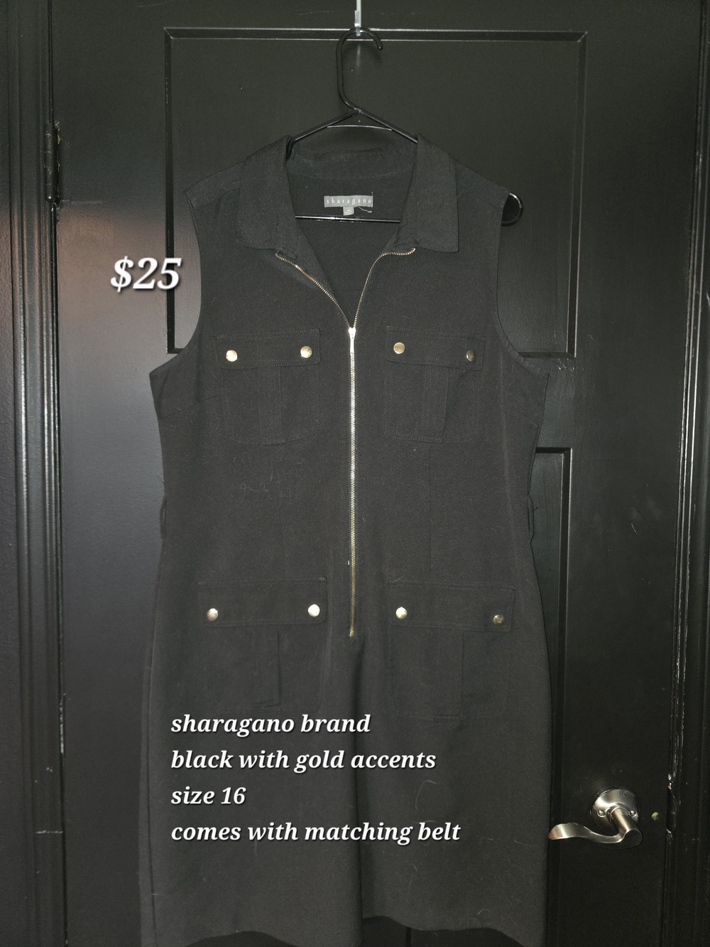Sharagano Black Sleeveless Zip-Front Midi Dress with Gold Buttons